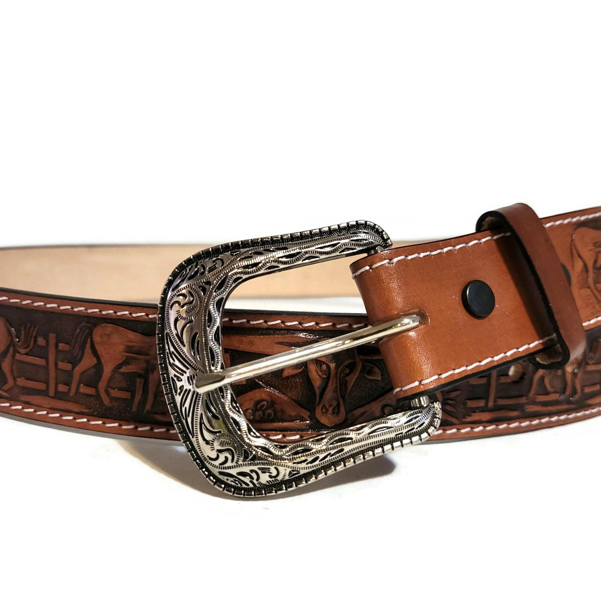Brown Leather  Belt for  Men, Embossed Bull and Horses, Snap Buckle
