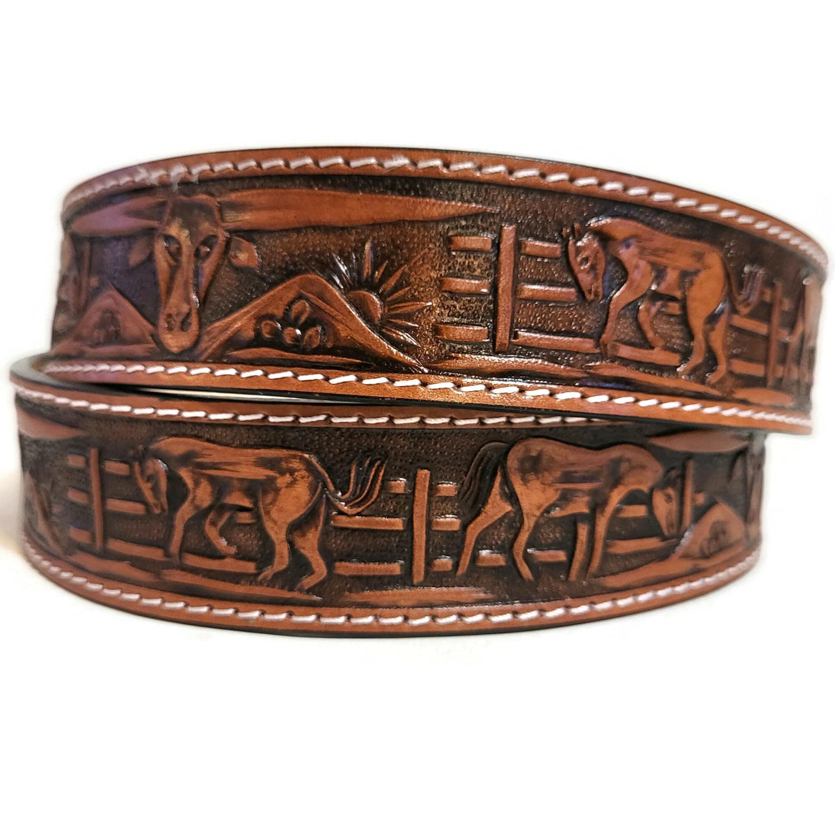 Brown Leather  Belt for  Men, Embossed Bull and Horses, Snap Buckle