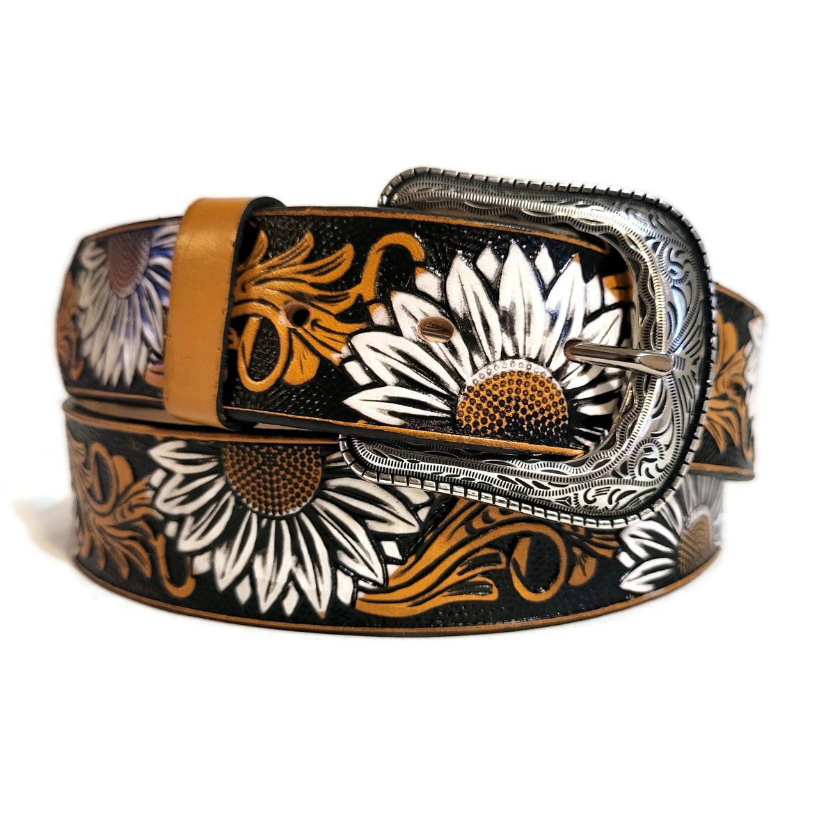 Embossed  Sunflower Leather Belt Brown For Women Bohemian Boho Rodeo Style