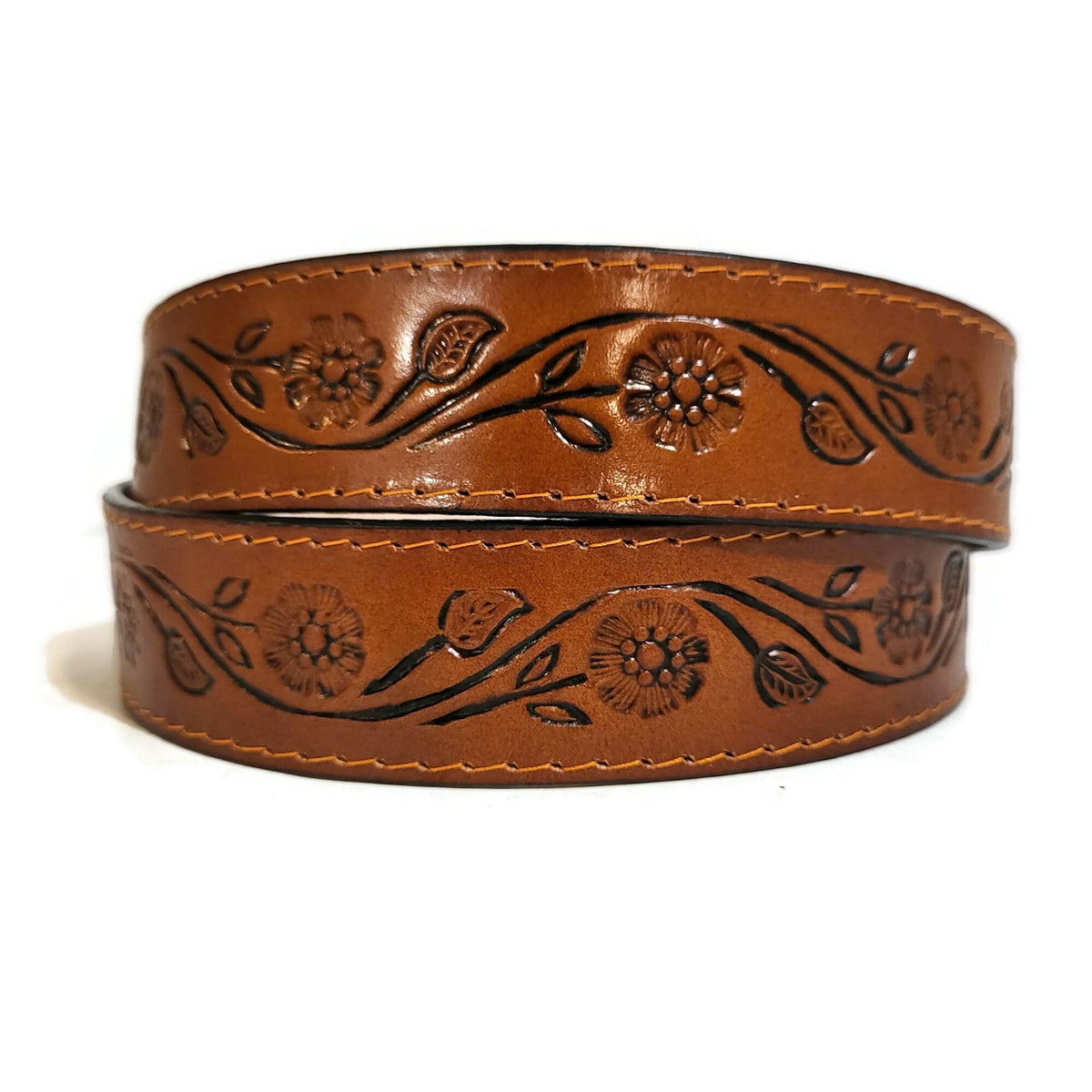 Brown Embossed Leather Belt for Women Floral Boho Bohemian  Cowhide, Personalized