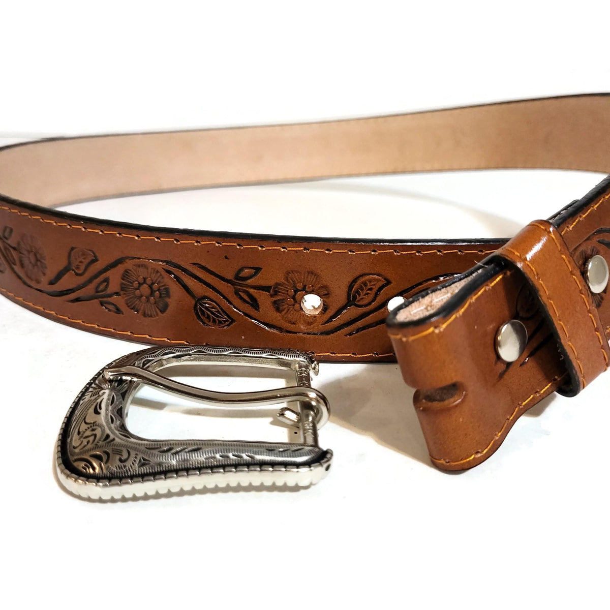 Brown Embossed Leather Belt for Women Floral Boho Bohemian  Cowhide, Personalized