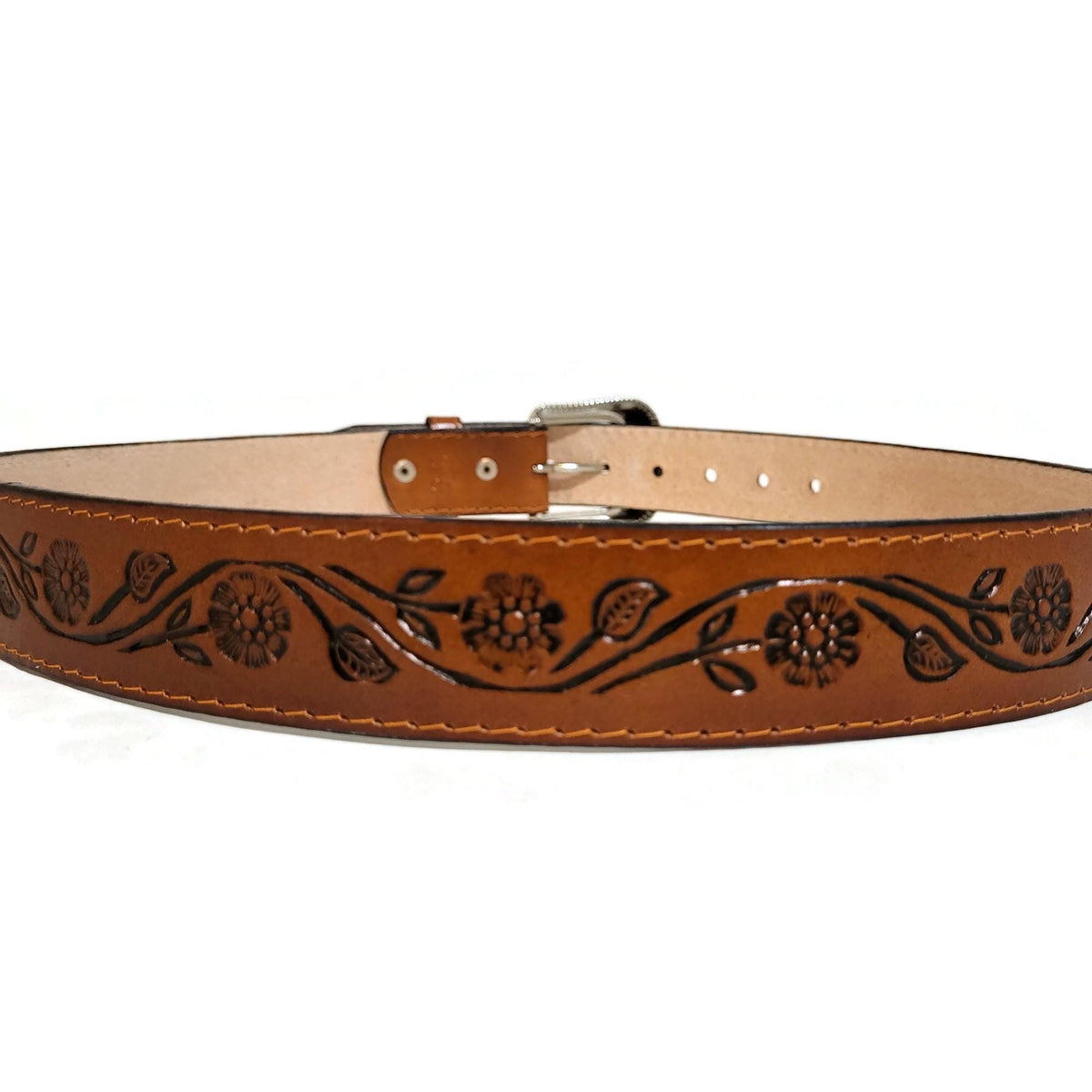 Brown Embossed Leather Belt for Women Floral Boho Bohemian  Cowhide, Personalized