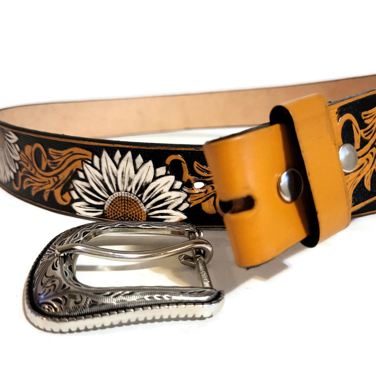Embossed  Sunflower Leather Belt Brown For Women Bohemian Boho Rodeo Style