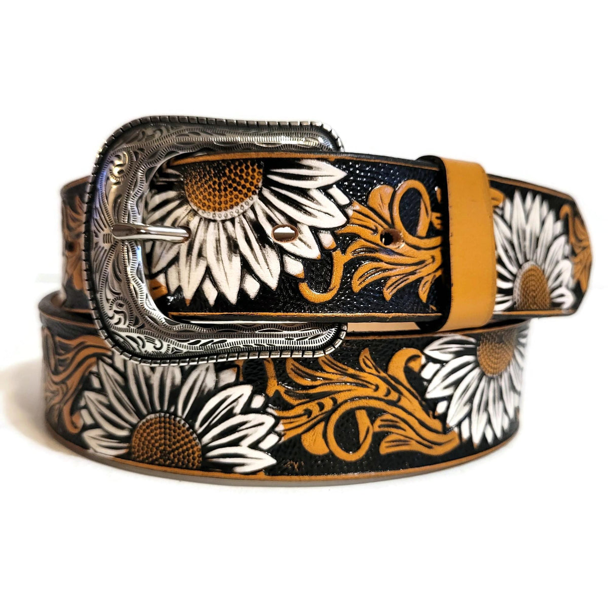 Embossed  Sunflower Leather Belt Brown For Women Bohemian Boho Rodeo Style