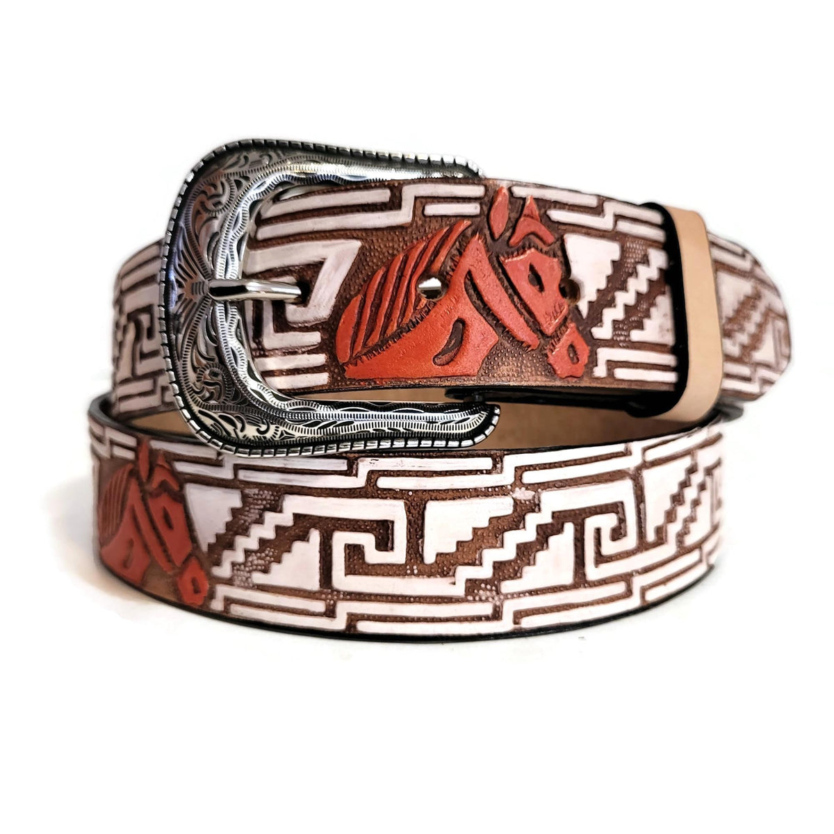 Brown Leather Belt For Men, Embossed Horse, Rodeo, Cowboy, With Removable Buckle, Personalized Engraved