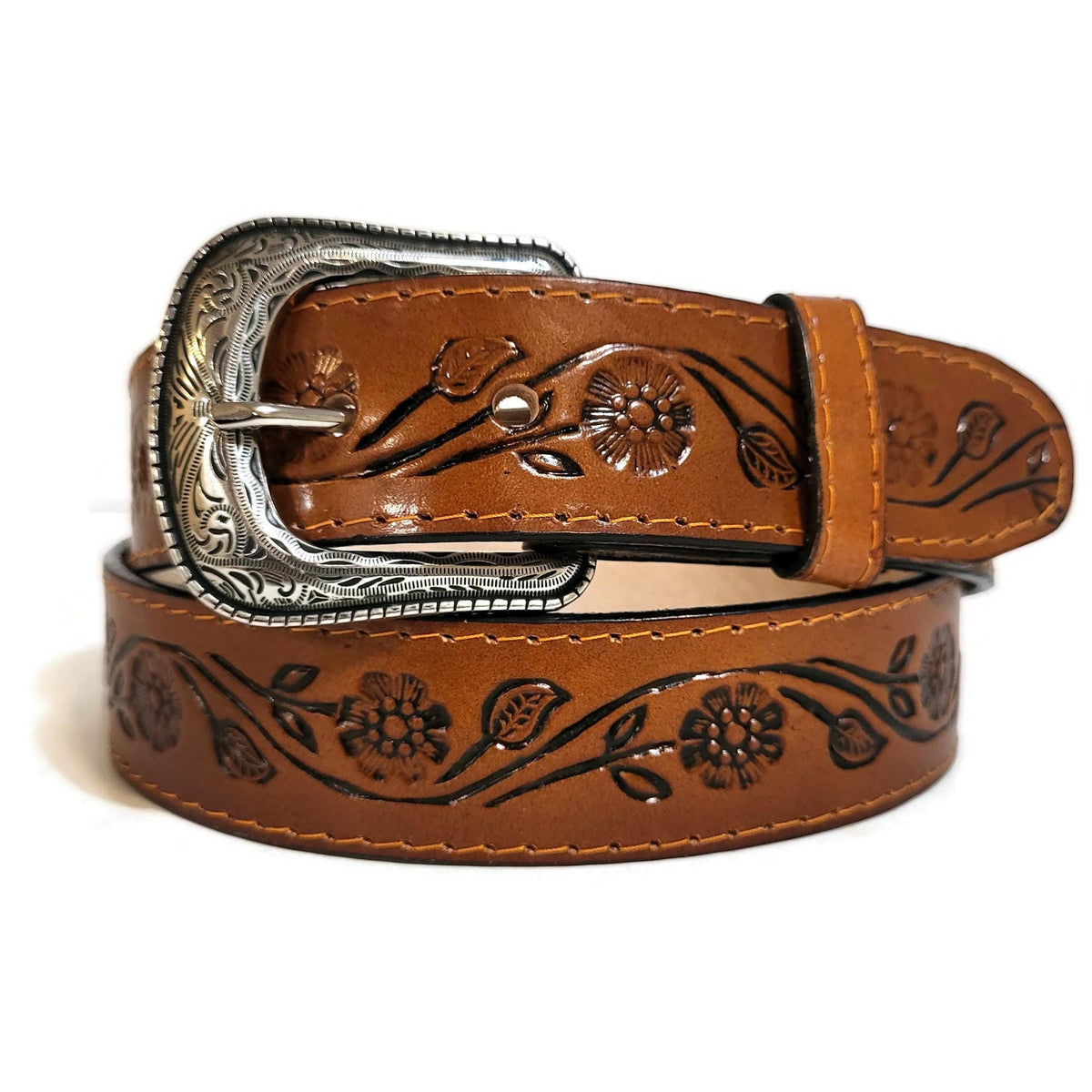 Brown Embossed Leather Belt for Women Floral Boho Bohemian  Cowhide, Personalized
