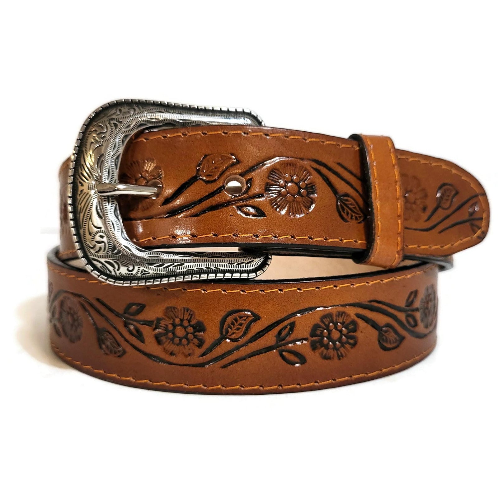 Brown Embossed Leather Belt for Women Floral Boho Bohemian  Cowhide