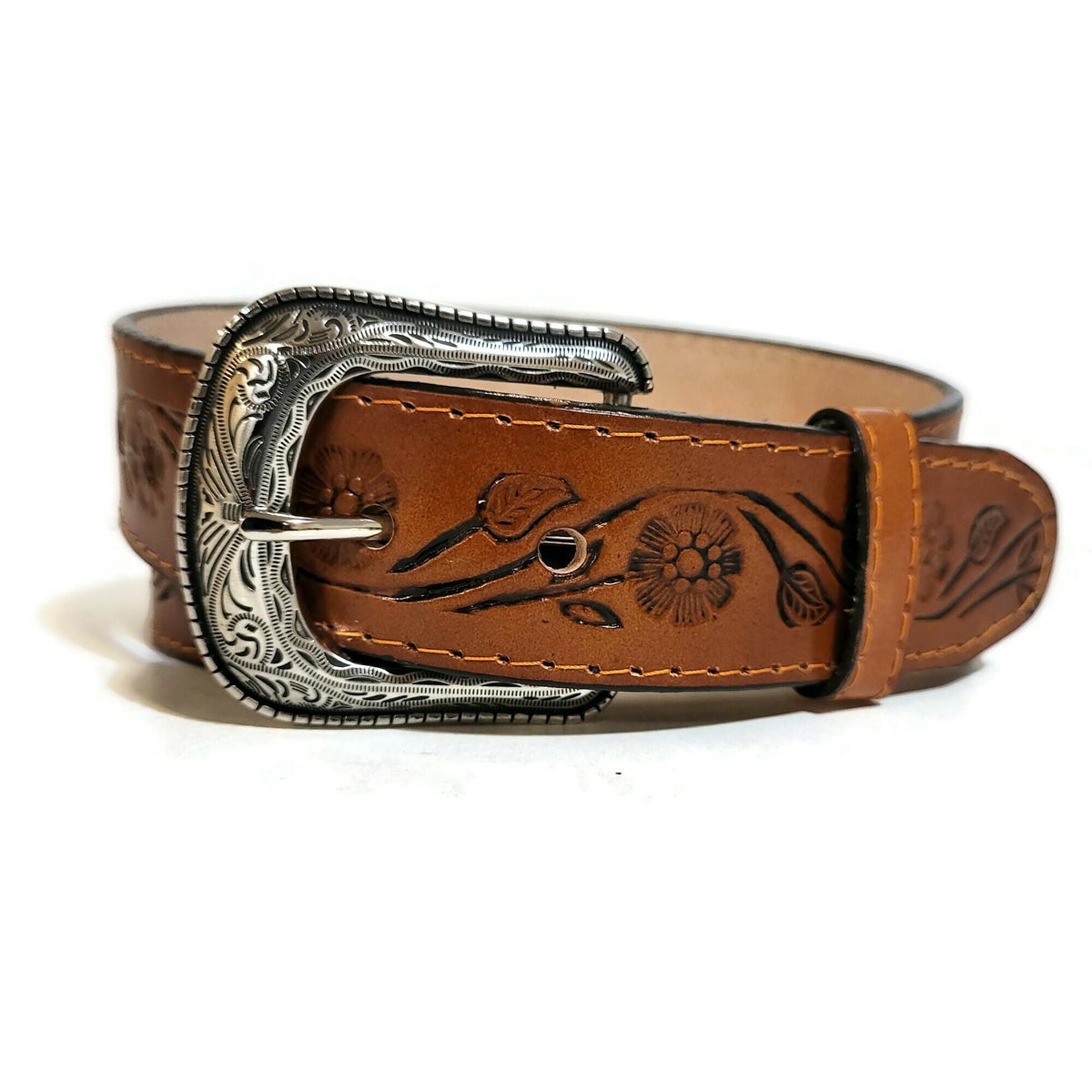 Brown Embossed Leather Belt for Women Floral Boho Bohemian  Cowhide, Personalized
