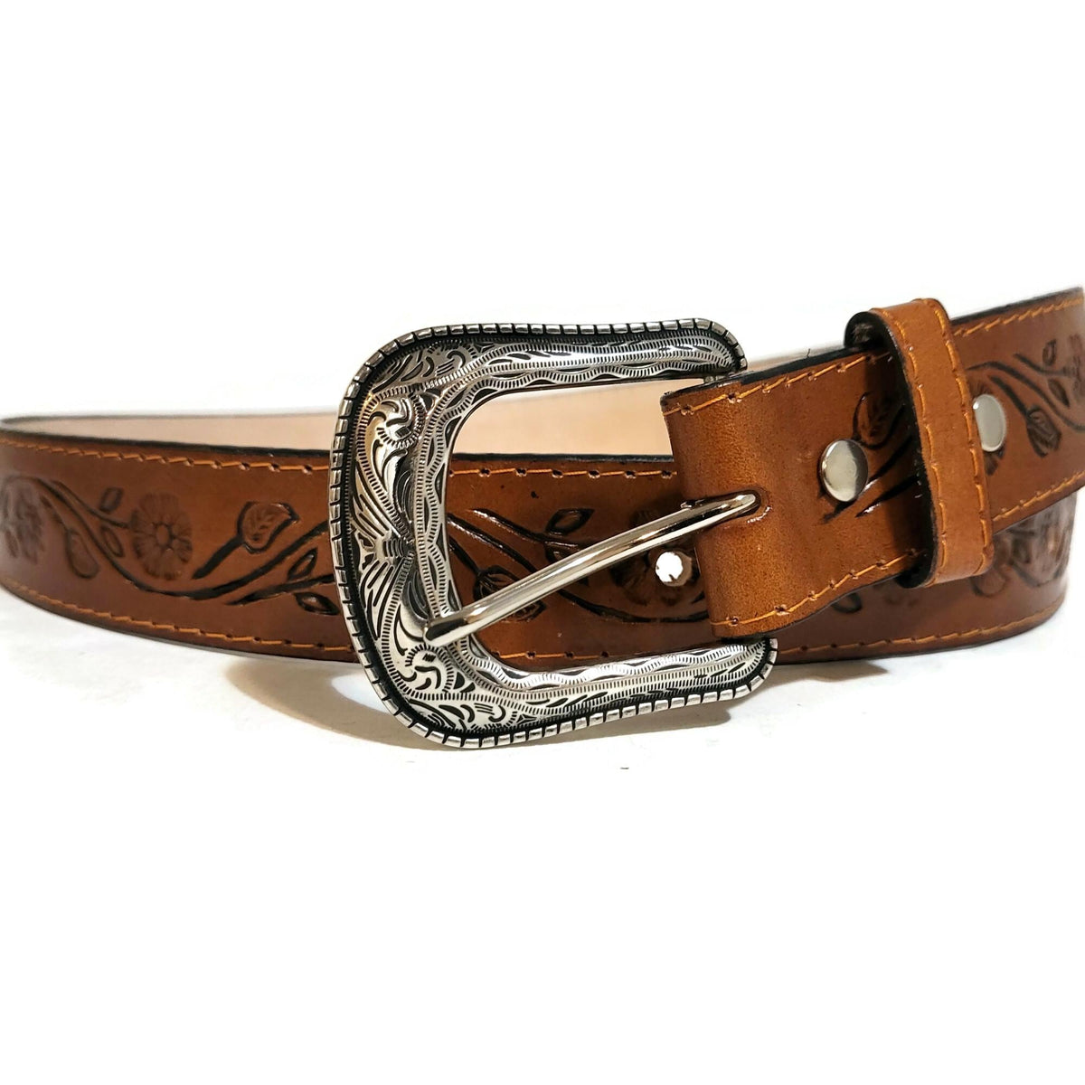 Brown Embossed Leather Belt for Women Floral Boho Bohemian  Cowhide, Personalized