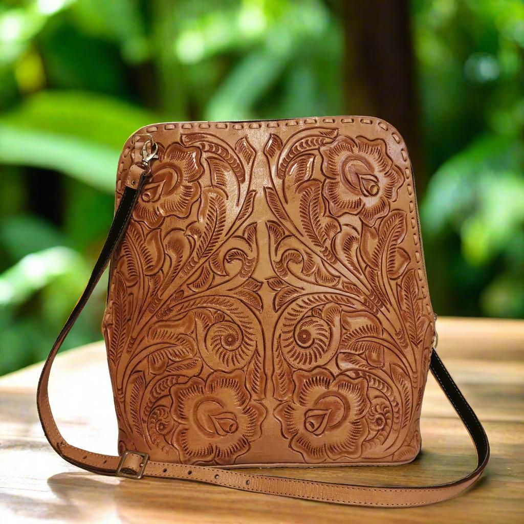 Hand tooled Leather Convertible Bag Backpack Purse: Rustic Tooled Bag