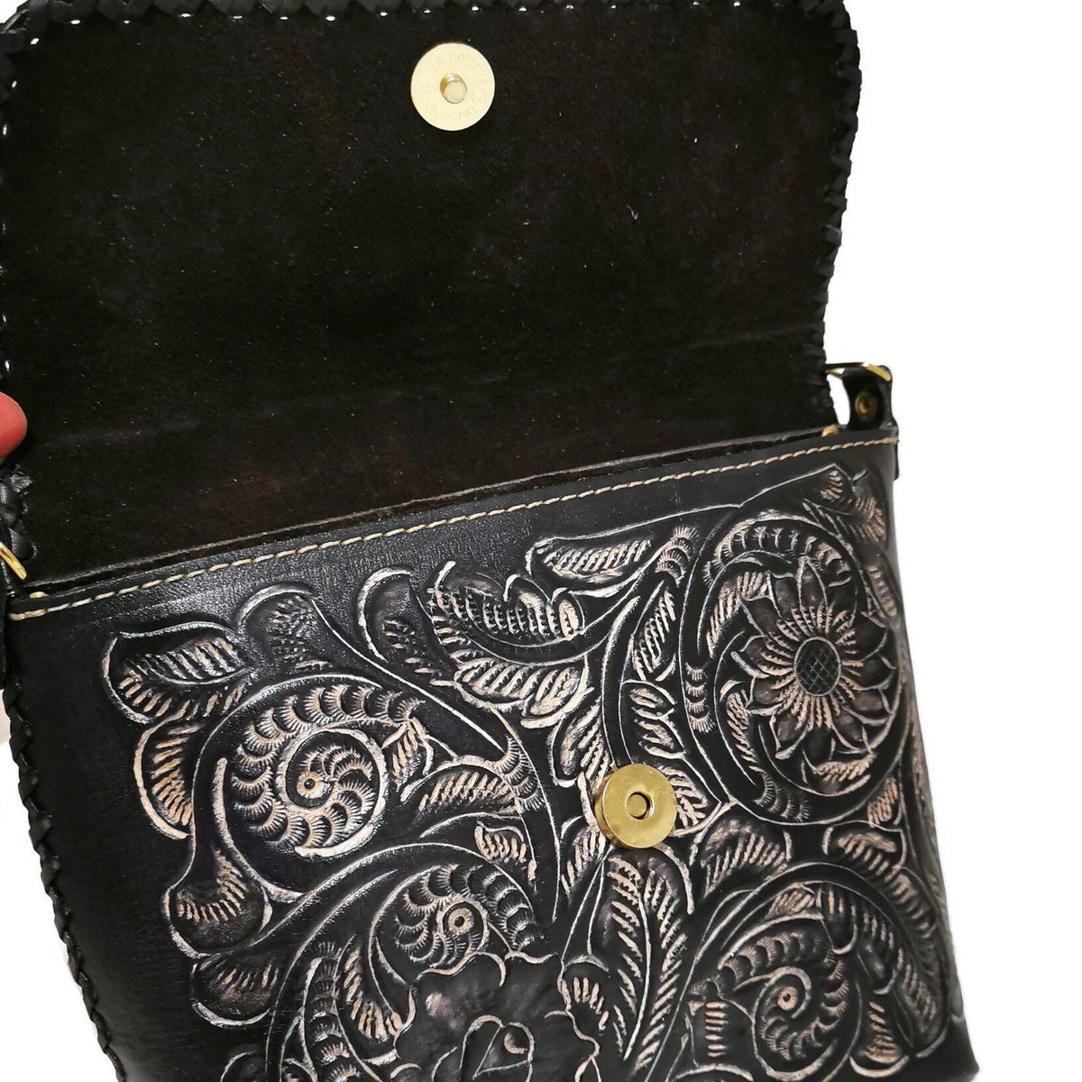 Hand-Tooled Leather Shoulder Bag: Brown Cowhide Purse