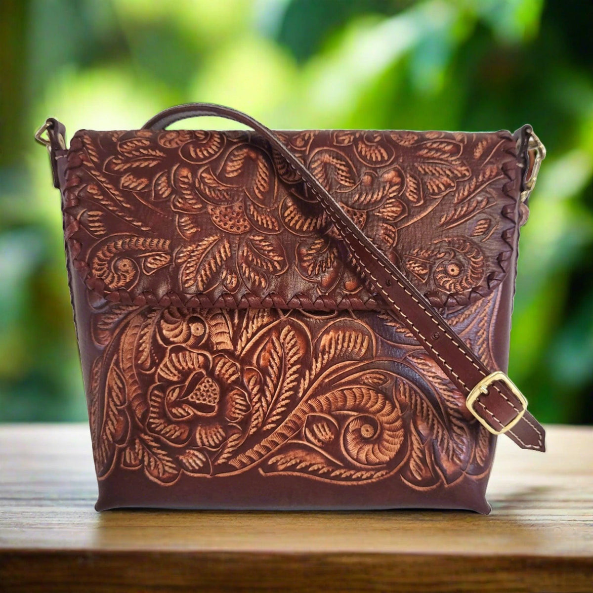 Hand-Tooled Leather Shoulder Bag: Brown Cowhide Purse