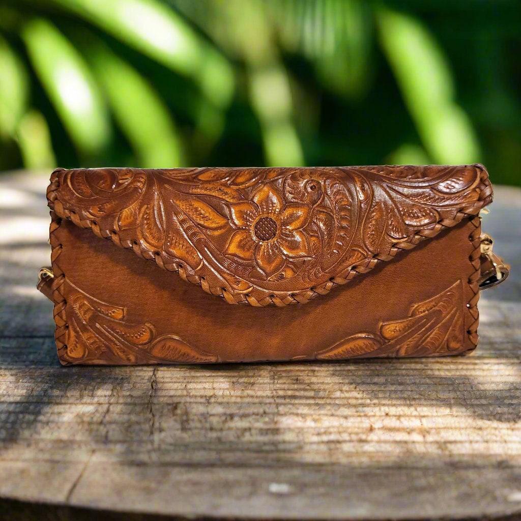 Leather Bag for Women, Boho, Bohemian, With Tassels, Hand Tooled Leather, Small Purse, Brown