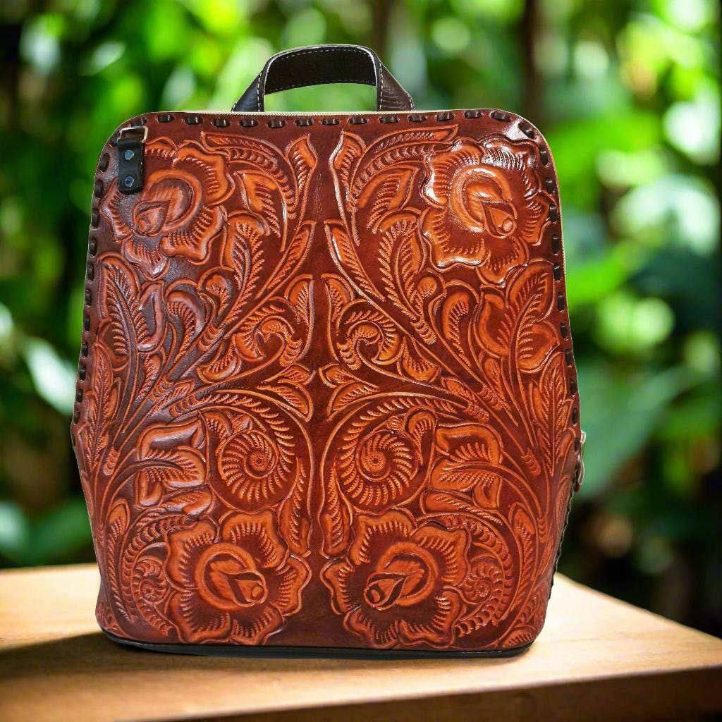 Hand tooled Leather Convertible Bag Backpack Purse: Rustic Tooled Bag
