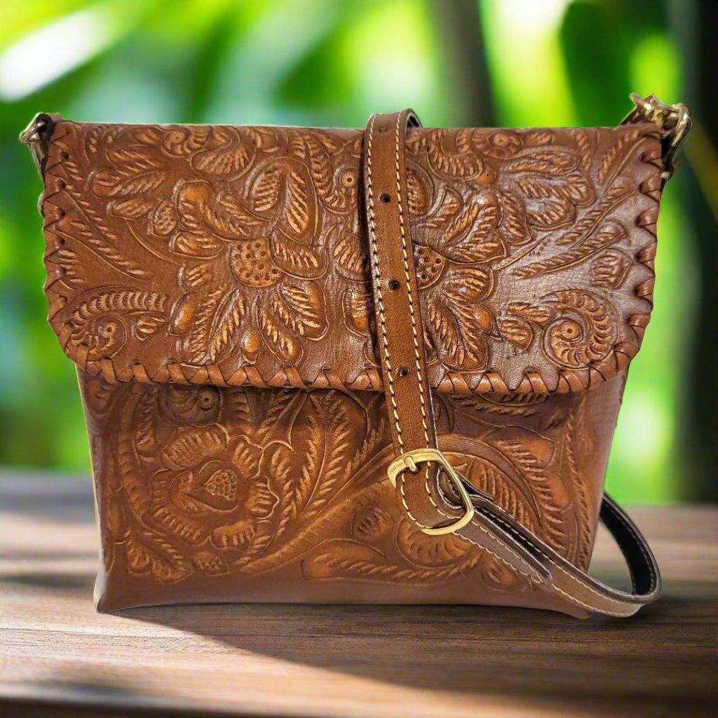 Hand-Tooled Leather Shoulder Bag: Brown Cowhide Purse