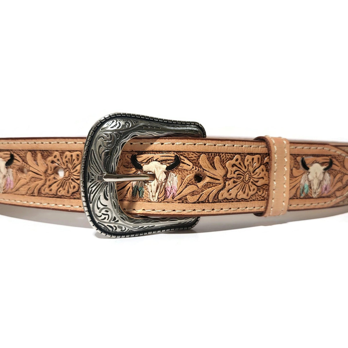 Embossed Brown Leather Belt for Women Handmade Cowgirl Rodeo Style, Personalized