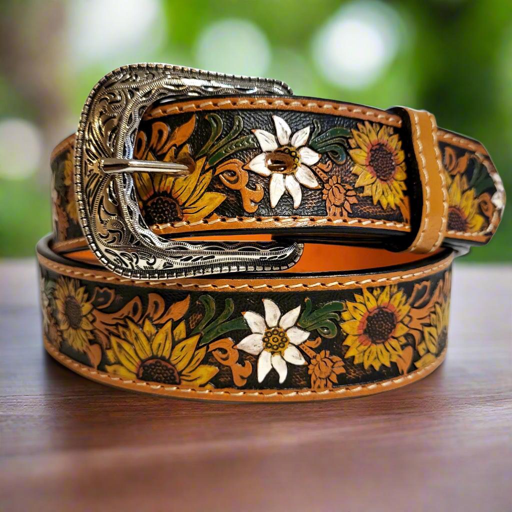 Embossed Sunflower Leather Belt: Western Boho Style with Removable Buckle