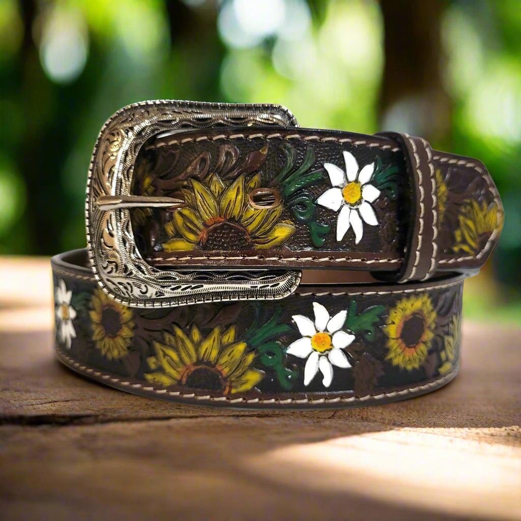 Embossed Sunflower Leather Belt: Western Boho Style with Removable Buckle