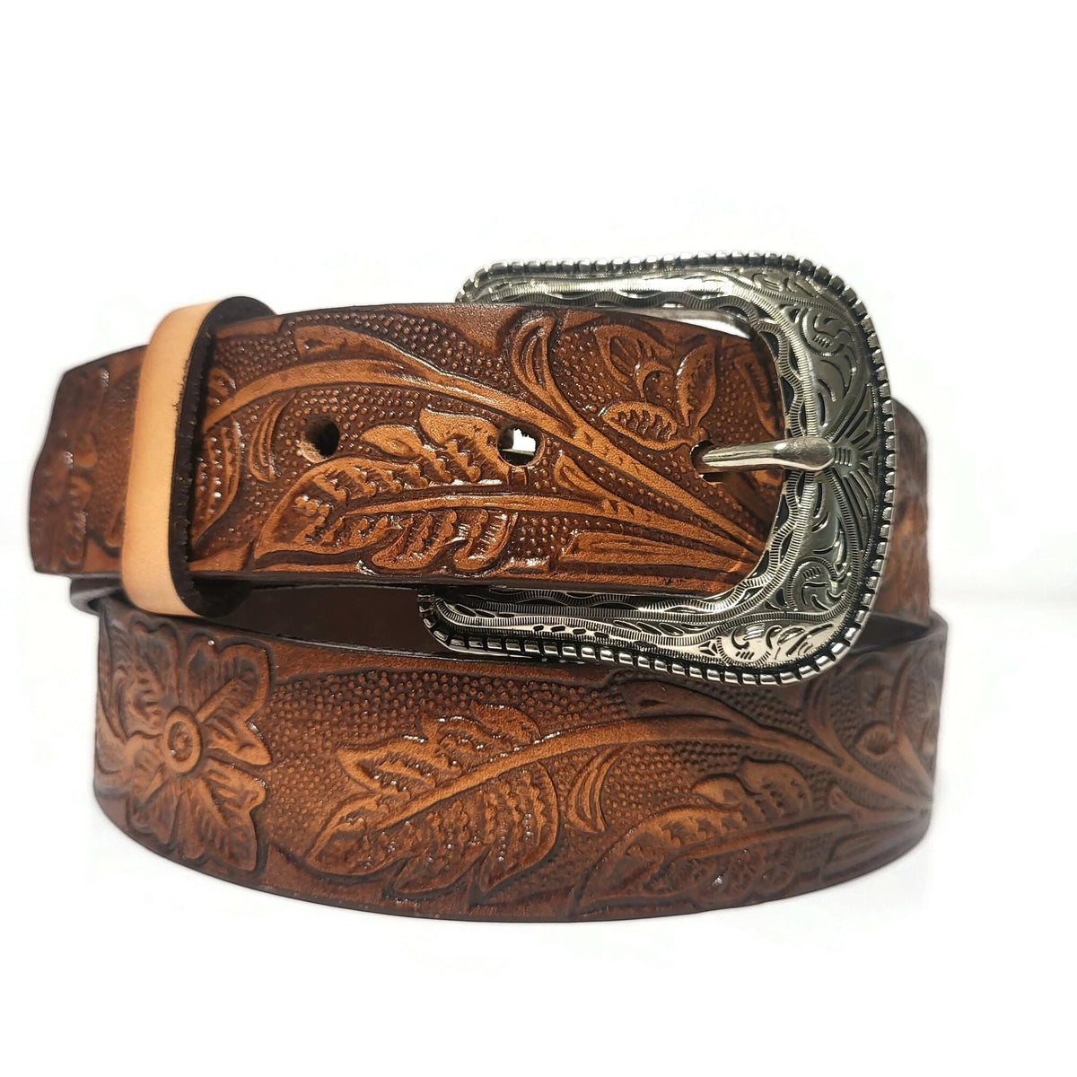Brown Leather Belt for Women Floral Embossed Boho Bohemian Rodeo Western Style, Personalized
