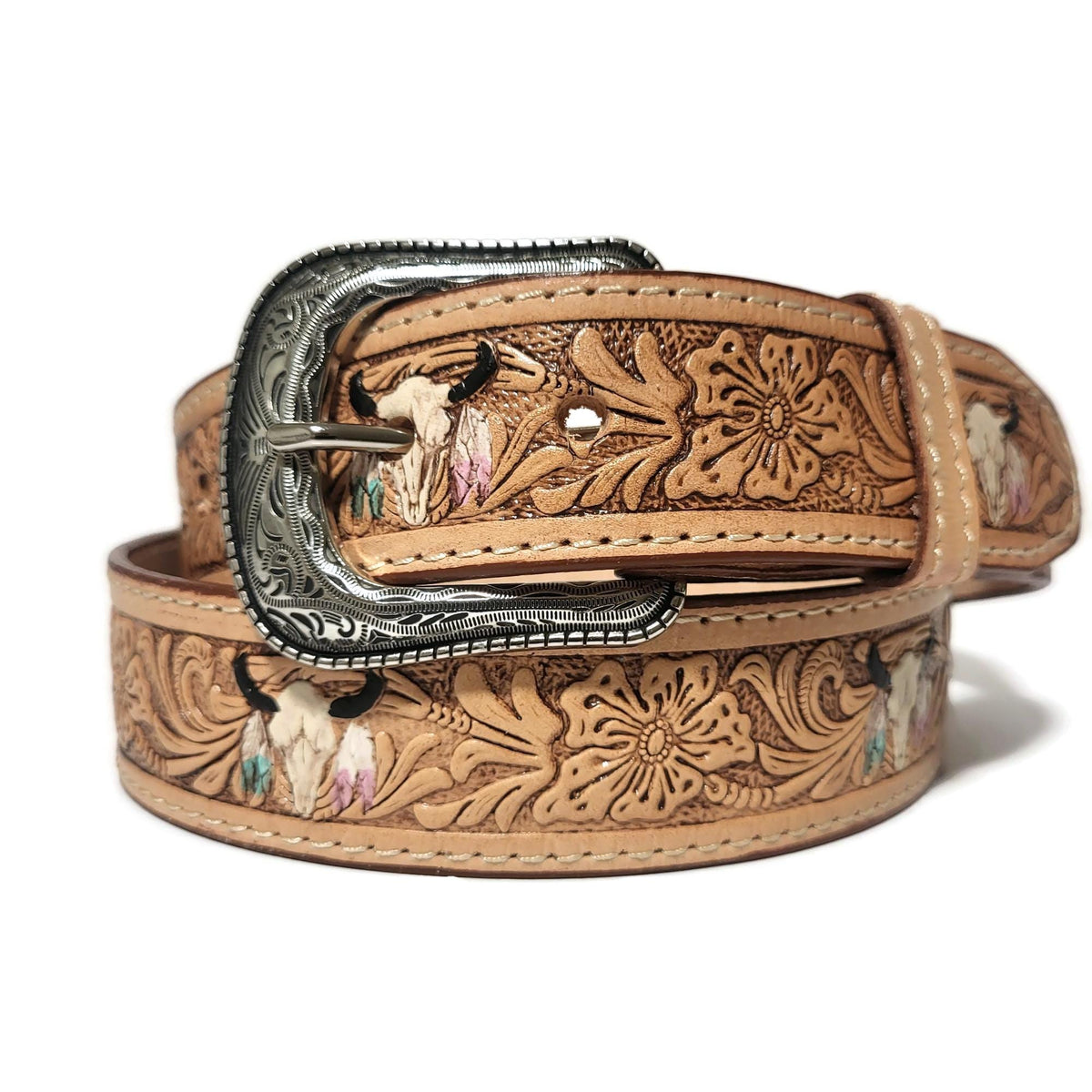 Embossed Brown Leather Belt for Women Handmade Cowgirl Rodeo Style, Personalized