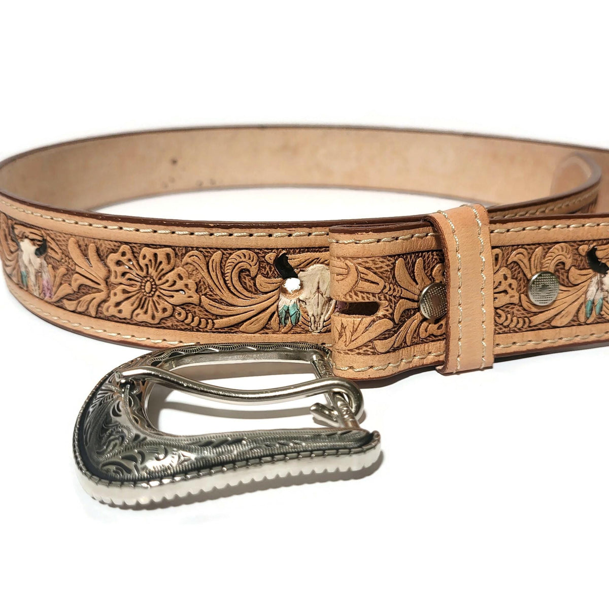 Embossed Brown Leather Belt for Women Handmade Cowgirl Rodeo Style, Personalized