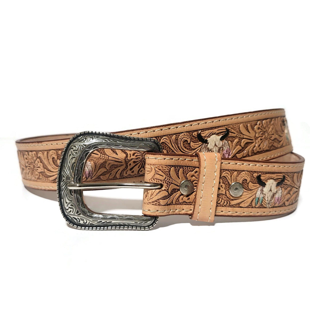 Embossed Brown Leather Belt for Women Handmade Cowgirl Rodeo Style, Personalized