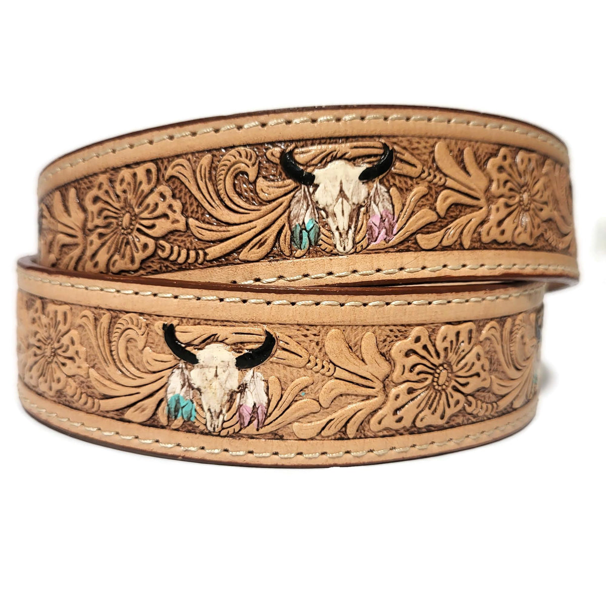 Embossed Brown Leather Belt for Women Handmade Cowgirl Rodeo Style, Personalized