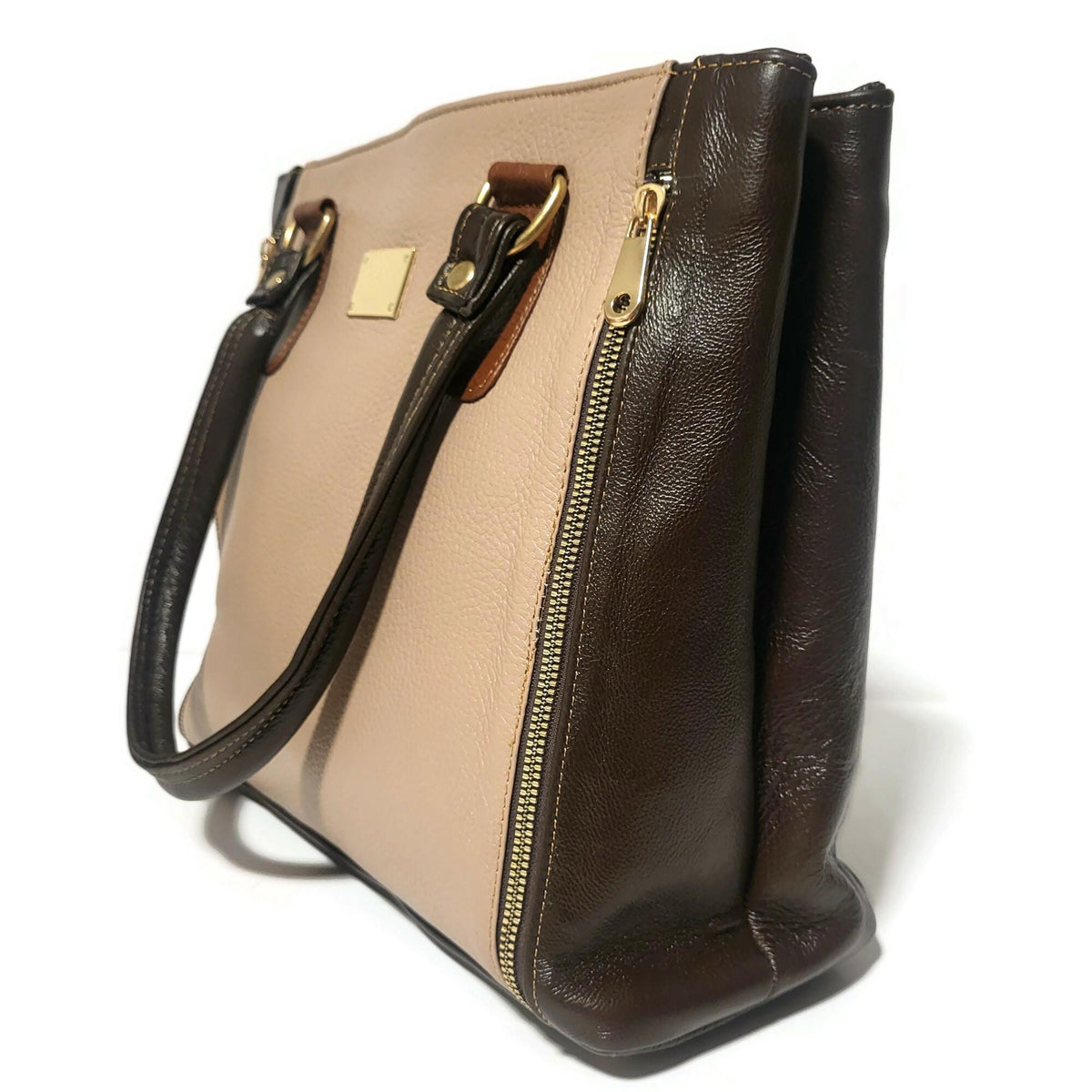Handmade Genuine Leather Tote Bag: Brown Zippered Shoulder Bag