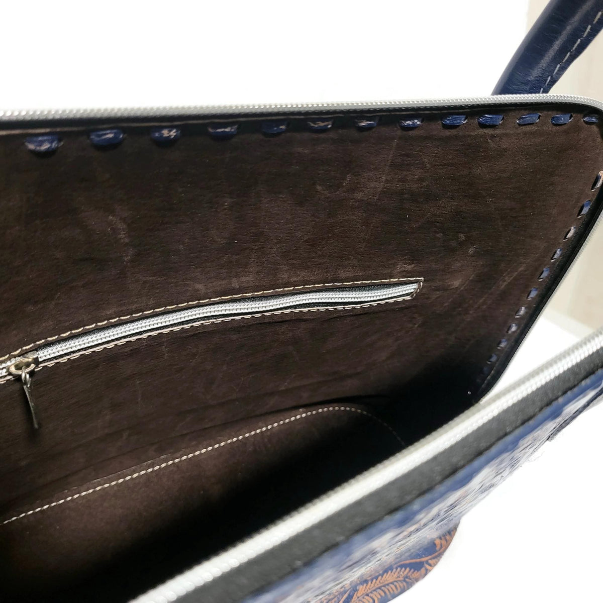 Navy  Blue Leather Shoulder Bag: Hand Tooled Cowhide  Tote