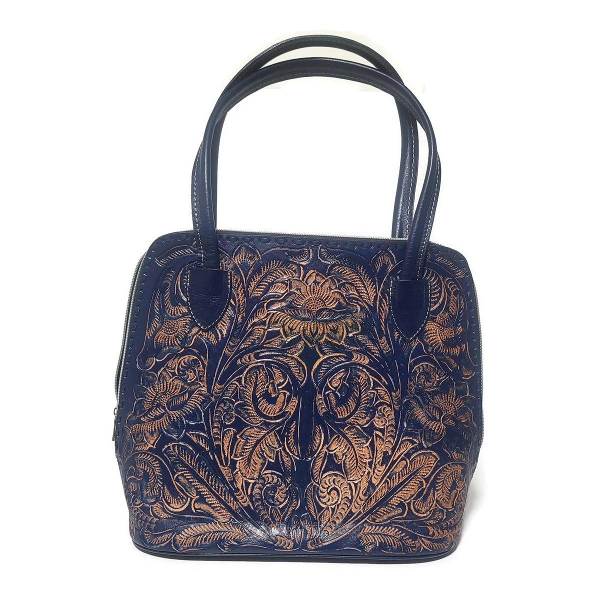 Navy  Blue Leather Shoulder Bag: Hand Tooled Cowhide  Tote
