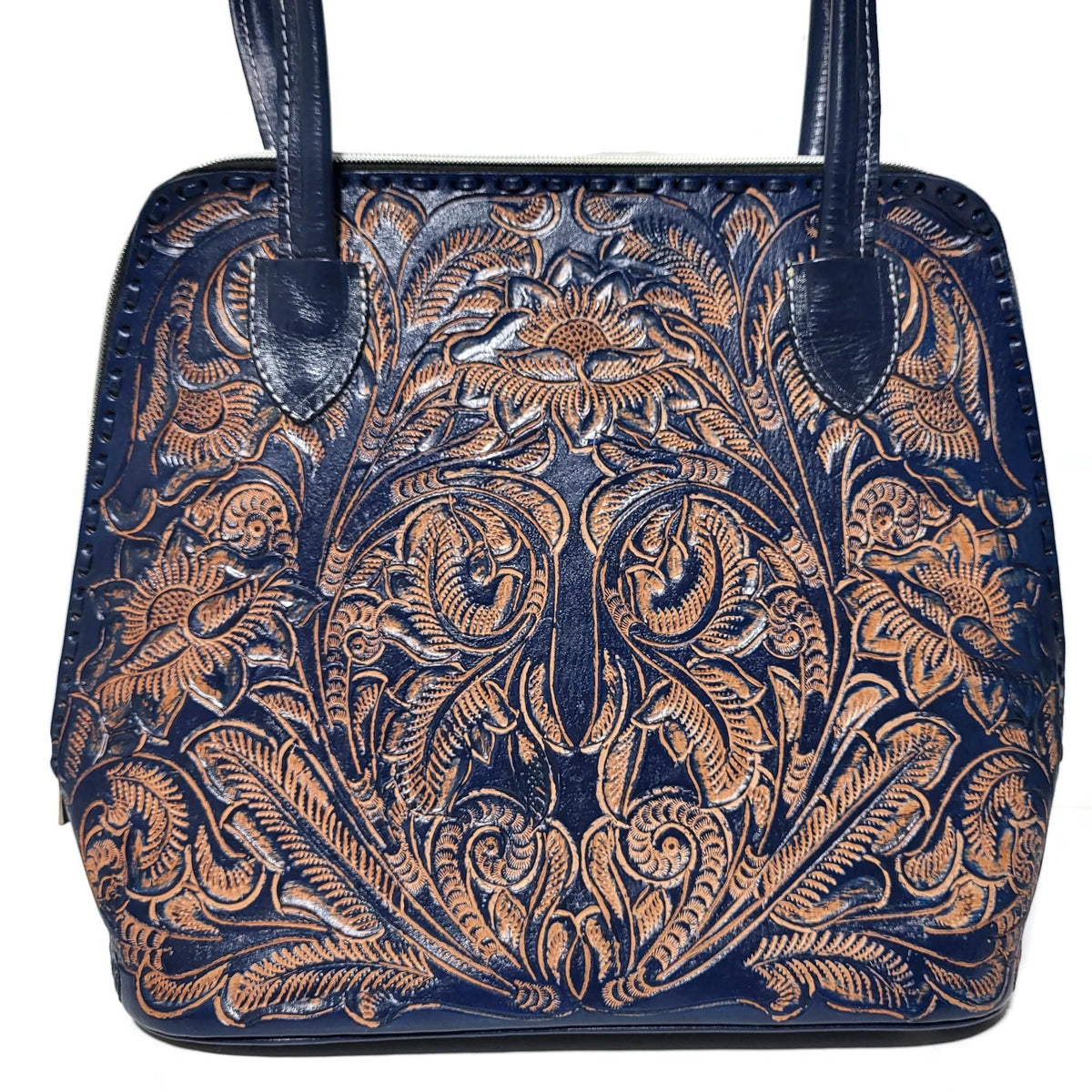 Navy  Blue Leather Shoulder Bag: Hand Tooled Cowhide  Tote