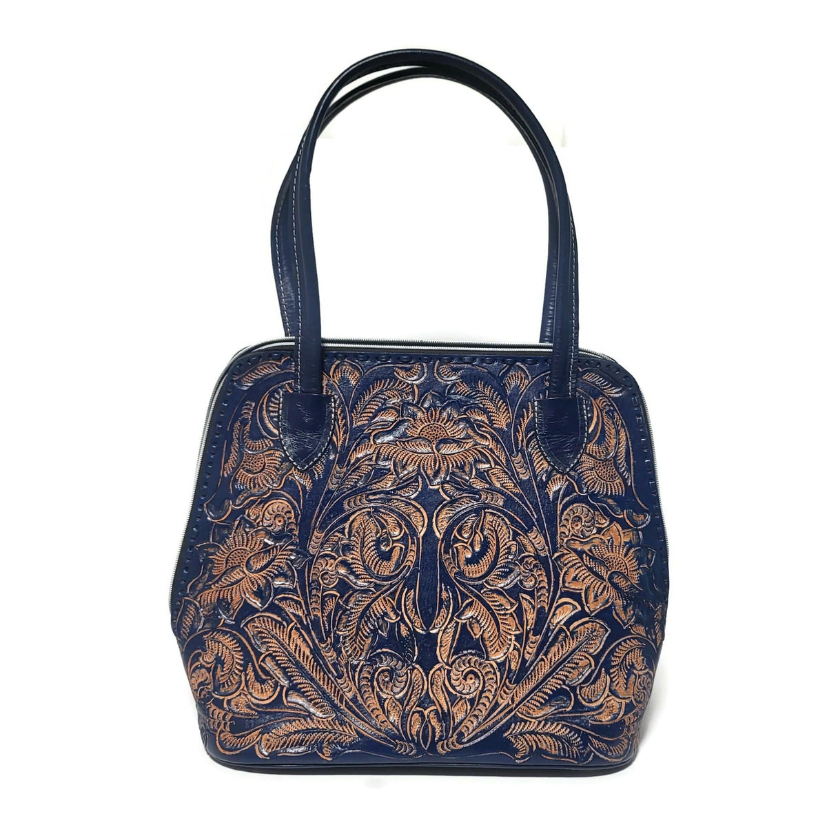 Navy  Blue Leather Shoulder Bag: Hand Tooled Cowhide  Tote