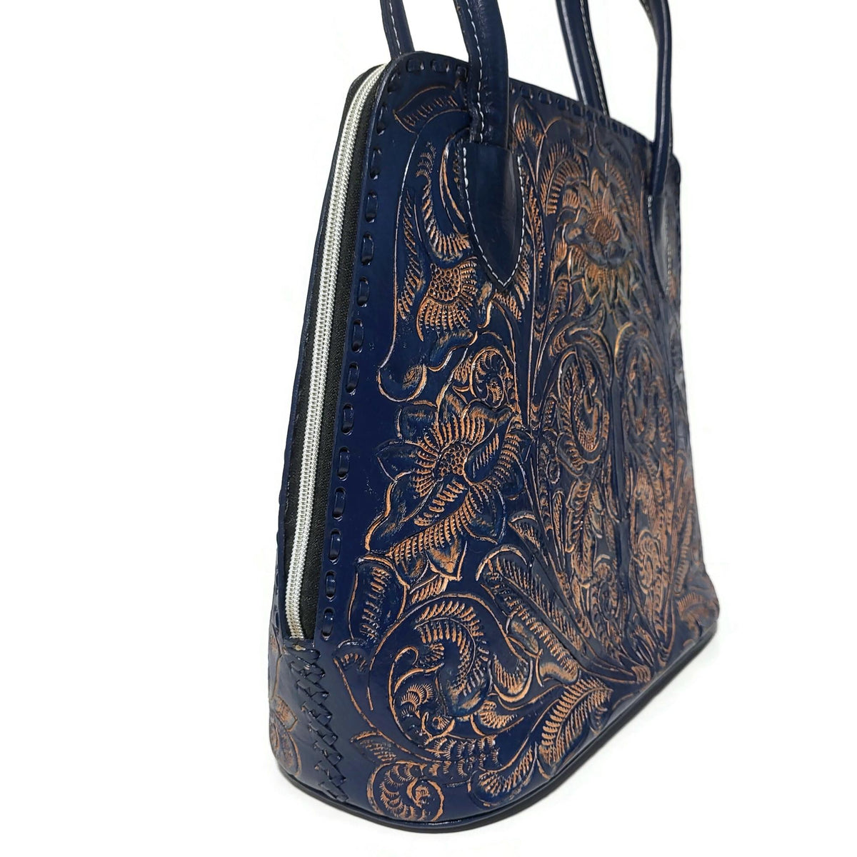 Navy  Blue Leather Shoulder Bag: Hand Tooled Cowhide  Tote