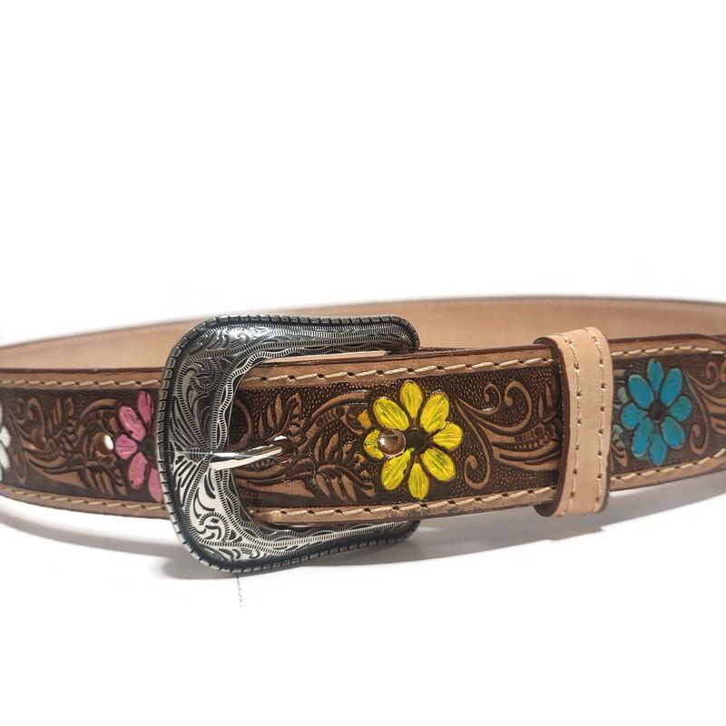 Brown Leather Belt for Women Floral Embossed, Boho Cowgirl Style, Personalized