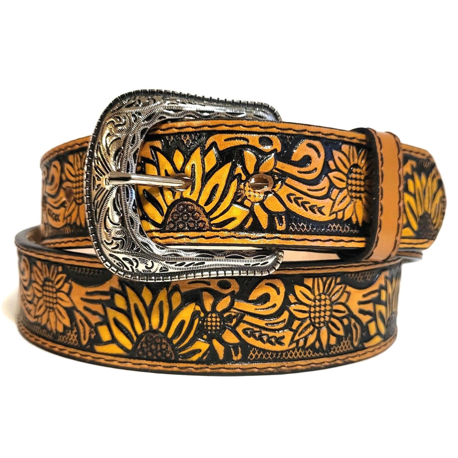 Sunflower Brown Leather Belt for Women, Boho Bohemian Western