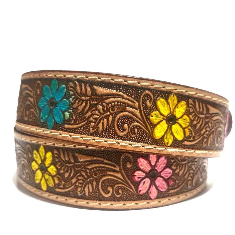 Brown Leather Belt for Women Floral Embossed, Boho Cowgirl Style, Personalized