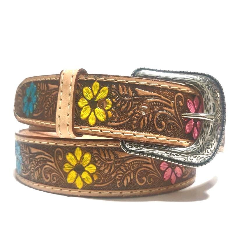 Brown Leather Belt for Women Floral Embossed, Boho Cowgirl Style, Personalized