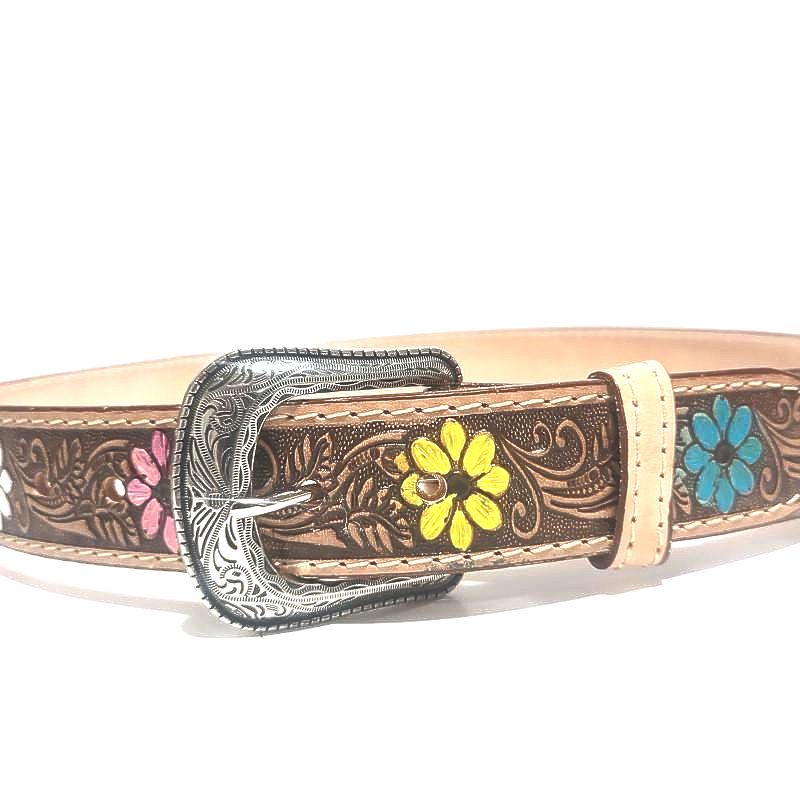 Brown Leather Belt for Women Floral Embossed, Boho Cowgirl Style, Personalized