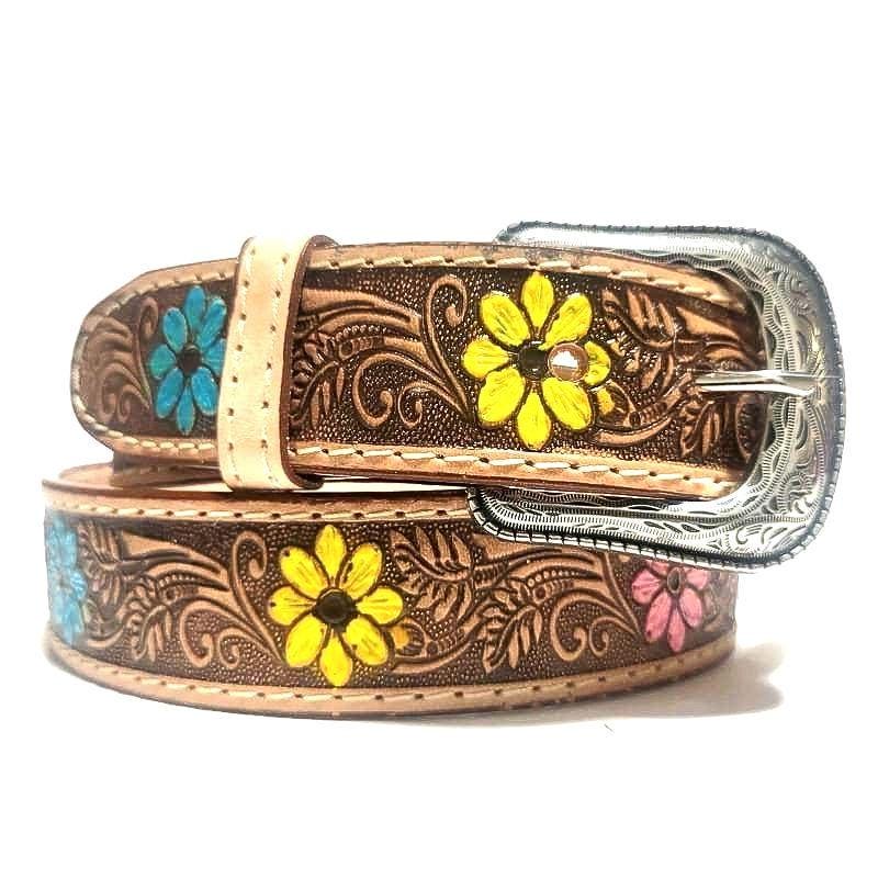 Brown Leather Belt for Women Floral Embossed, Boho Cowgirl Style, Personalized