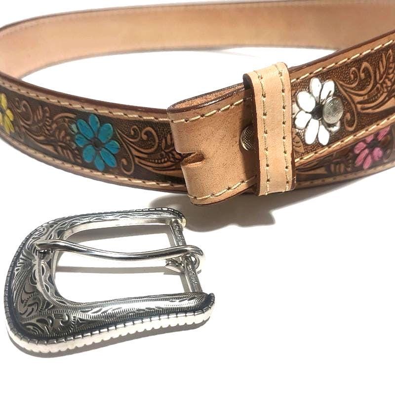 Brown Leather Belt for Women Floral Embossed, Boho Cowgirl Style, Personalized