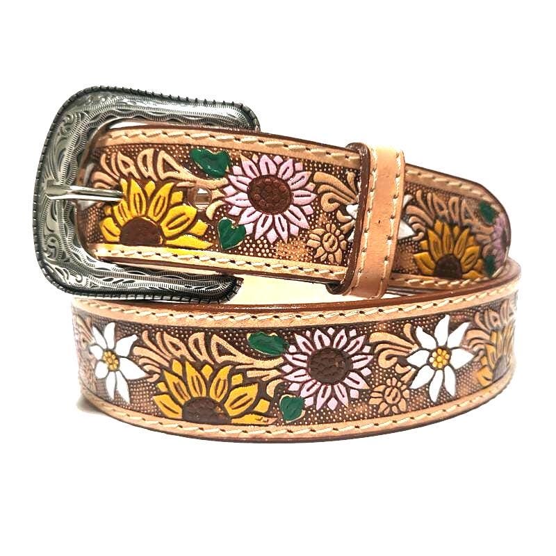 Sunflower Leather Bel for Women  Western Boho Floral Belt, Personalized