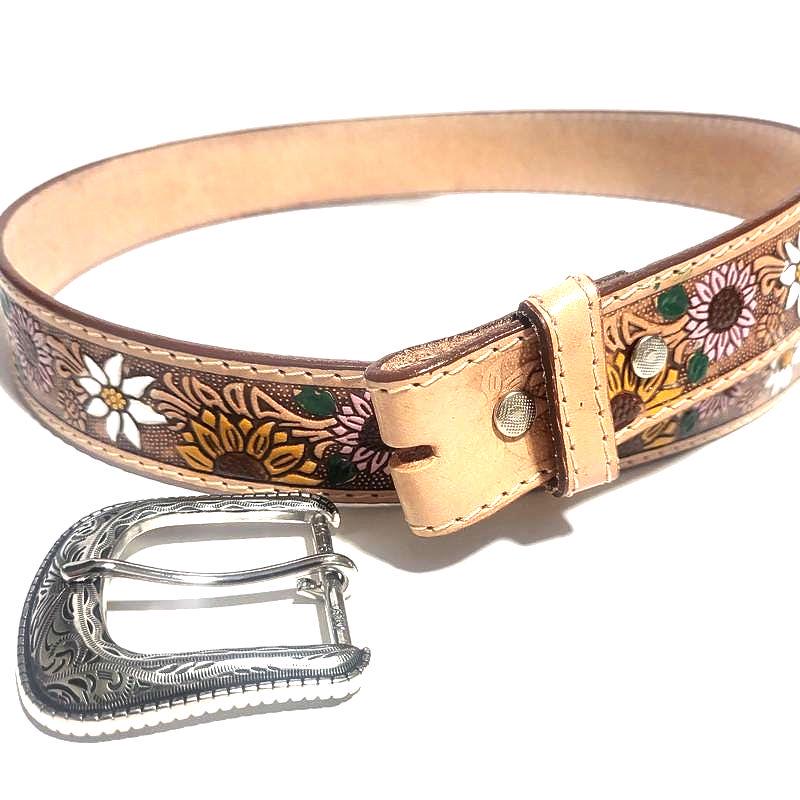 Sunflower Leather Bel for Women  Western Boho Floral Belt, Personalized