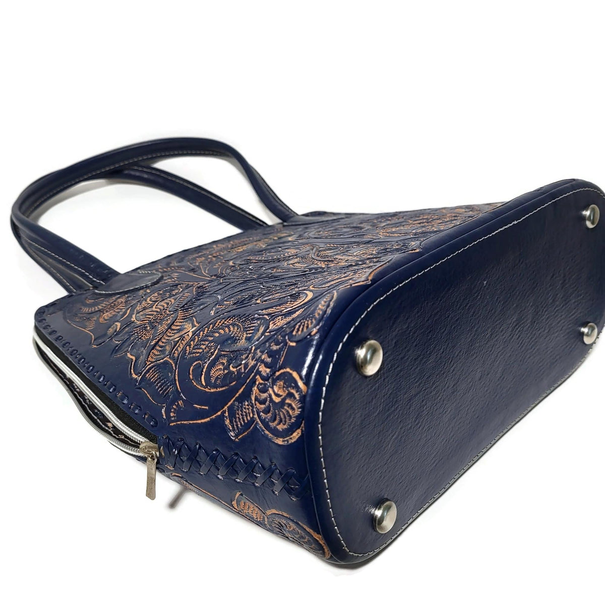 Navy  Blue Leather Shoulder Bag: Hand Tooled Cowhide  Tote