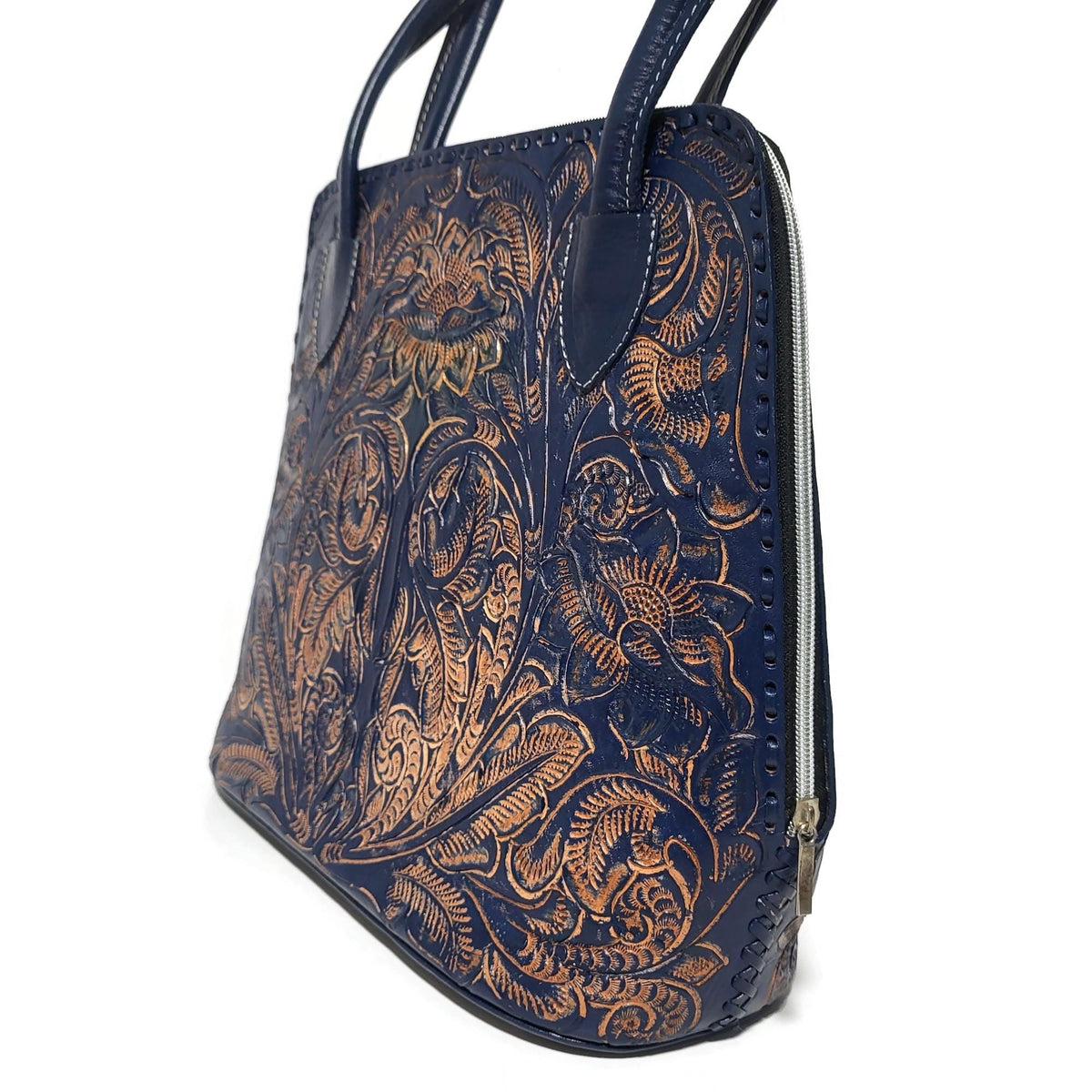 Navy  Blue Leather Shoulder Bag: Hand Tooled Cowhide  Tote