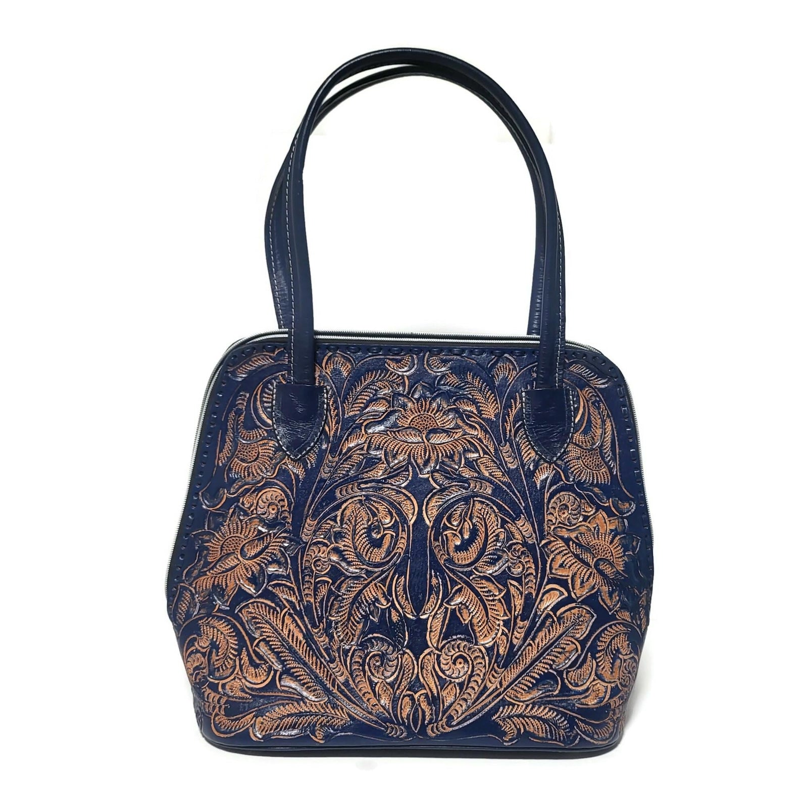 Navy  Blue Leather Shoulder Bag: Hand Tooled Cowhide  Tote