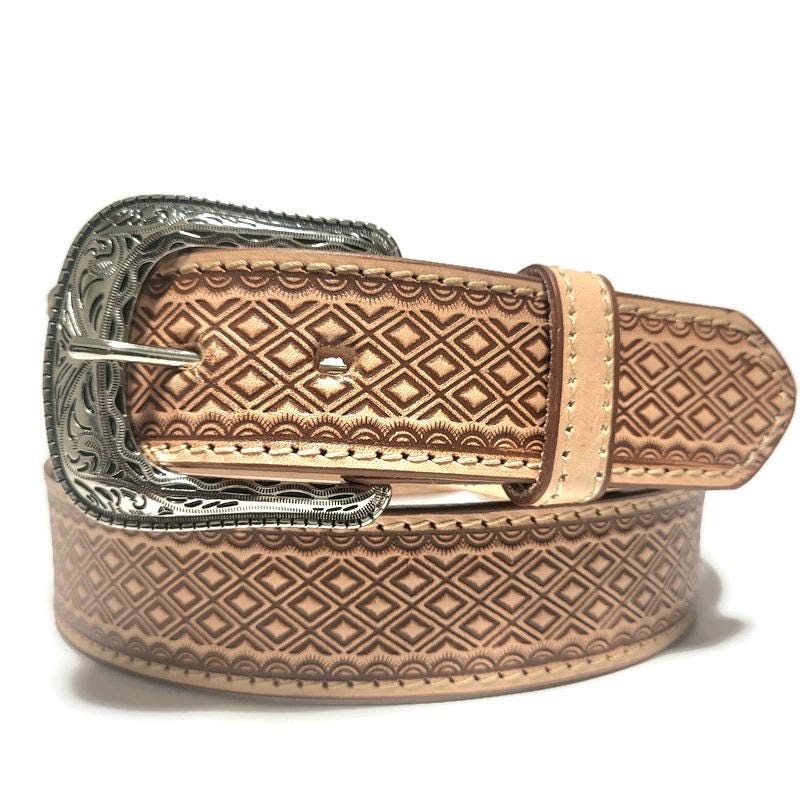 Brown Western Leather Cowboy Belt, Embossed  Rustic Rodeo Style,  Casual  for Jeans