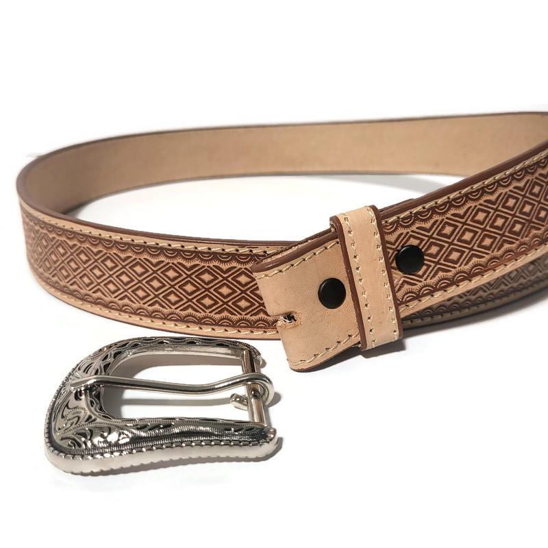 Brown Western Leather Cowboy Belt, Embossed  Rustic Rodeo Style,  Casual  for Jeans