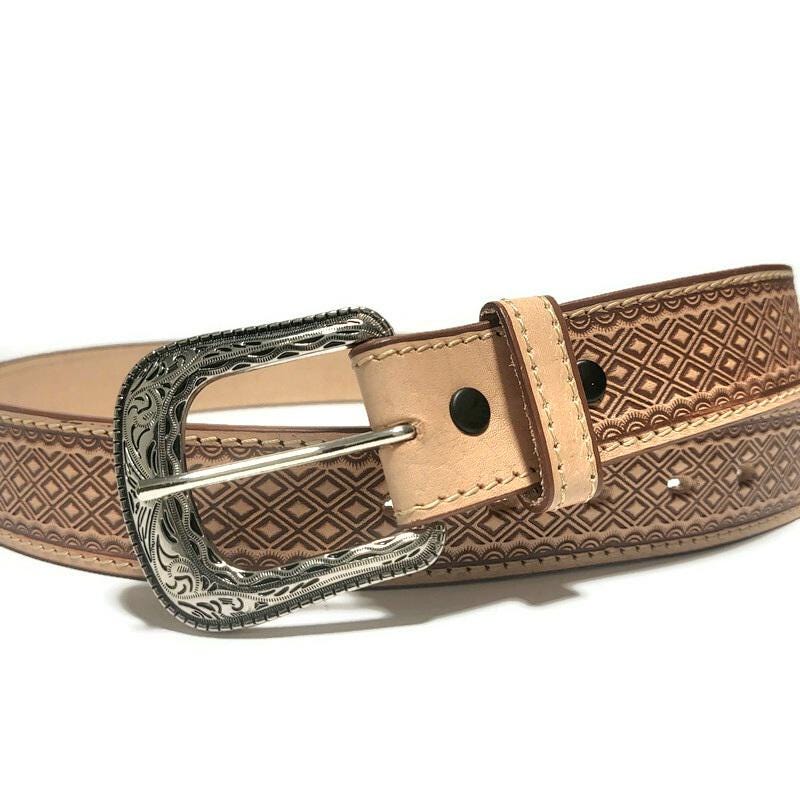 Brown Western Leather Cowboy Belt, Embossed  Rustic Rodeo Style,  Casual  for Jeans