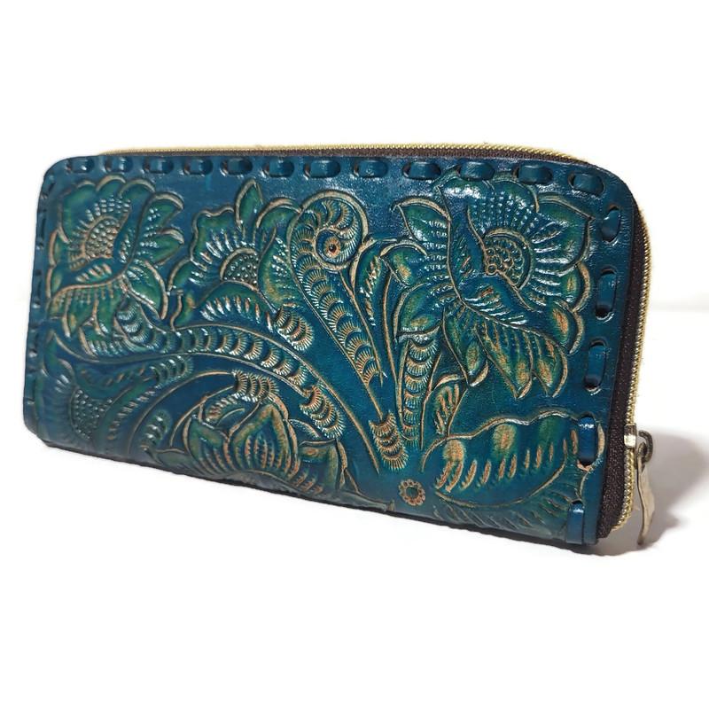 Hand-Tooled Cowhide Leather Wallet Women's Large Capacity Rodeo Style