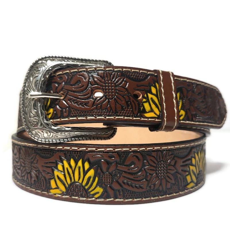 Personalized Sunflower Leather Belt for Women ,Embossed Cowhide, Bohemian Western Rodeo